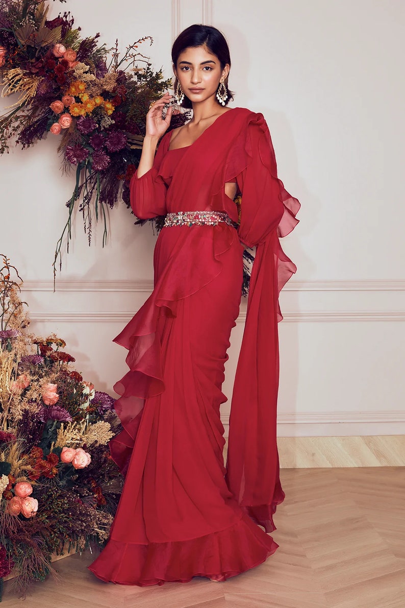 Red Ruffle Saree Red Ruffled Georgette Saree: Frilled Sleeve Wedding Party Sari - Etsy
