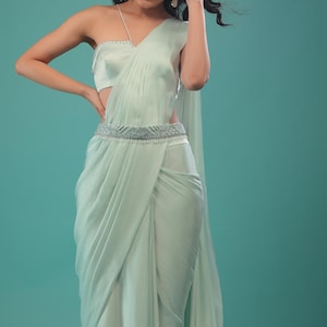 Moonlight Jade Green Pre-Pleated Satin Saree: Handcrafted Blouse