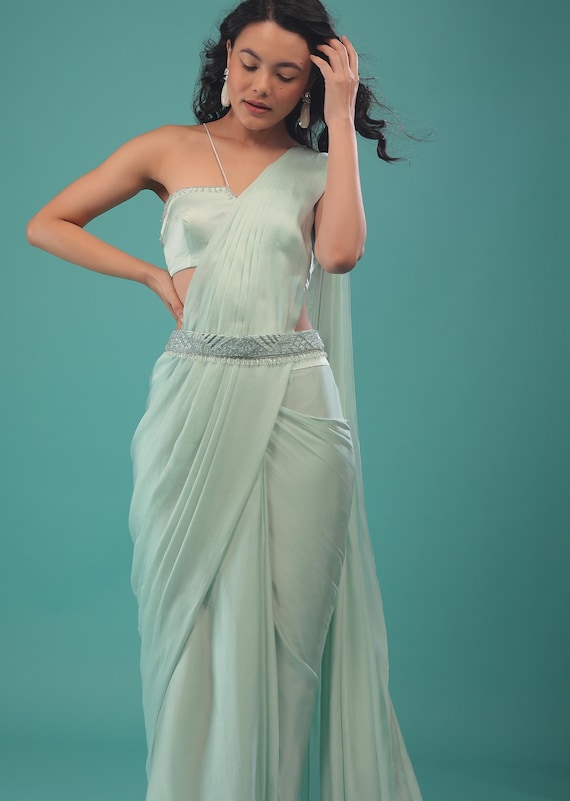 Moonlight Jade Green Pre-Pleated Satin Saree: Handcrafted Blouse