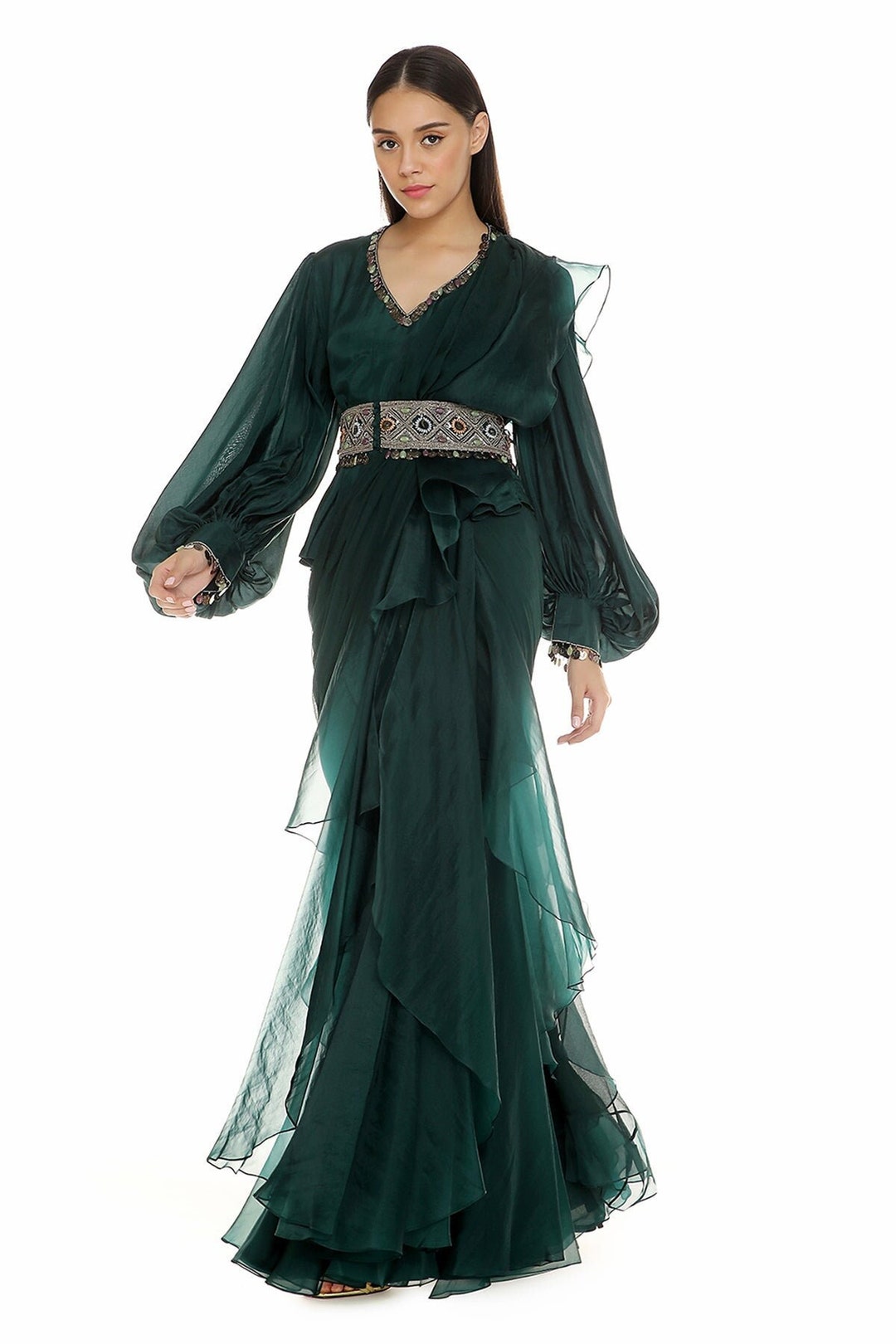 Bottle Green Draped Saree