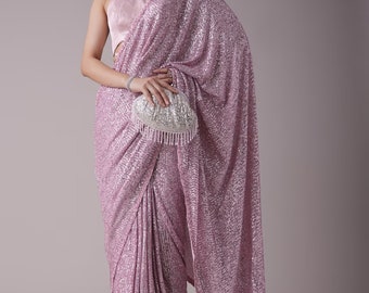 Sari roxo com bordado de lantejoulas: Roupa de festa glamorosa