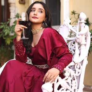 Wine Ruffle Lehenga Saree: Silk Indian Wedding Ensemble