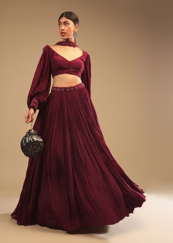 Designer This Wonderful Bishop-sleeve Crop Top and Maroon Lehenga Will Make  You Stand Out in Any Crowd and Wear in Weddings and Engagements. 