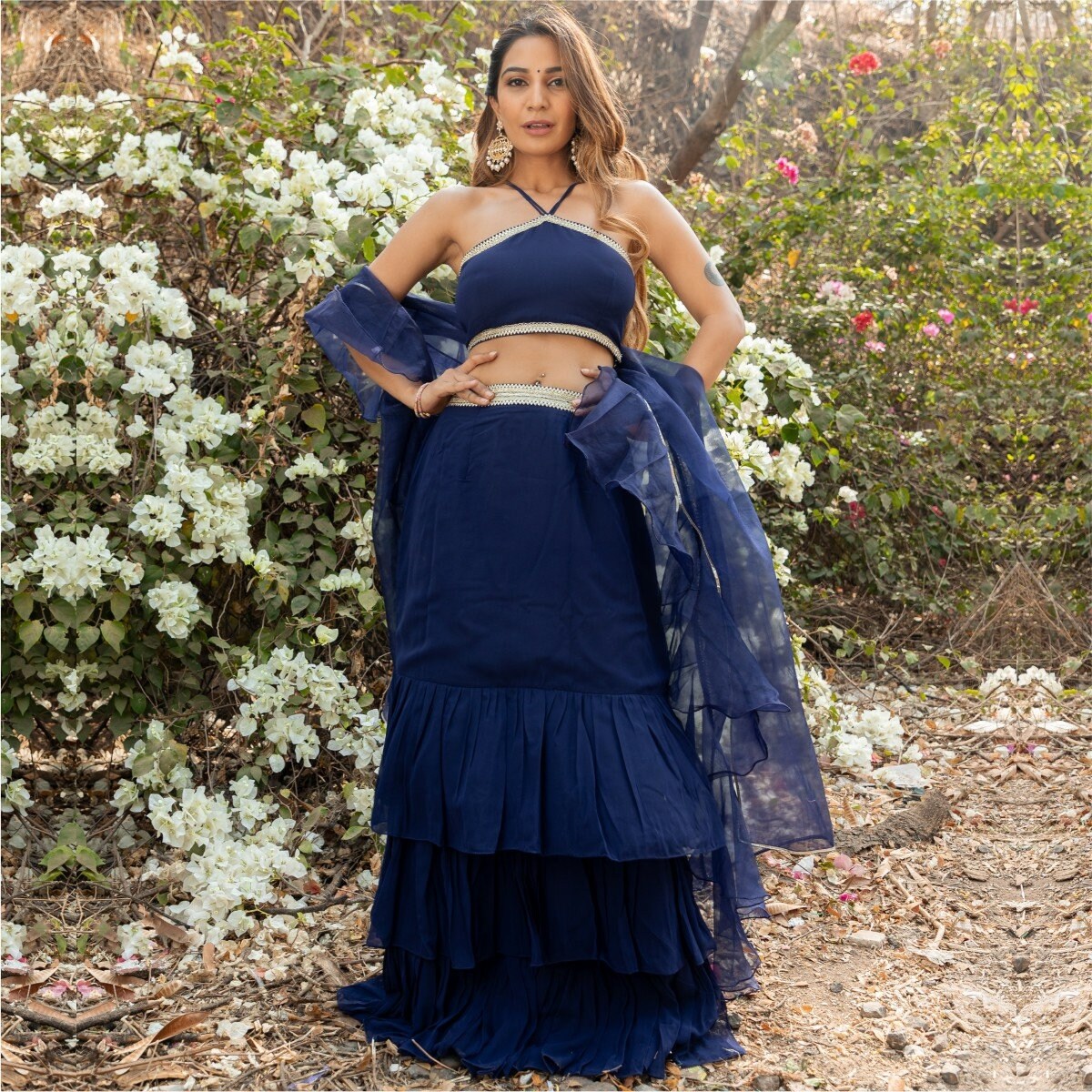 Blue Georgette Lehenga Choli: Ruffled Dupatta, Indo-Western Outfit