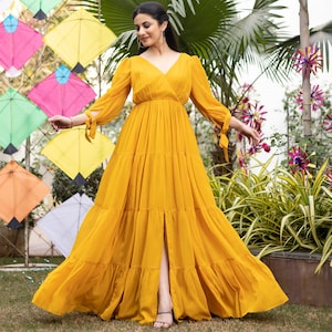 Designer-trending Mustard Yellow Pleated Angrakha Style Floor-Length Dress Wear and Your Looking Classy Wear in Wedding and Cocktail Parties