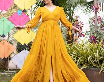 Designer-trending Mustard Yellow Pleated Angrakha Style Floor-Length Dress Wear and Your Looking Classy Wear in Wedding and Cocktail Parties