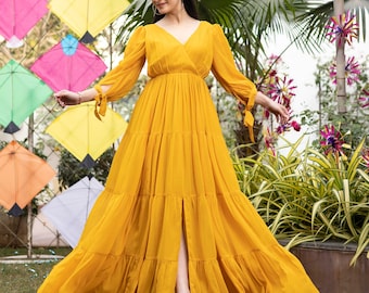 Mustard Yellow Georgette Angrakha Style Tiered Maxi Dress