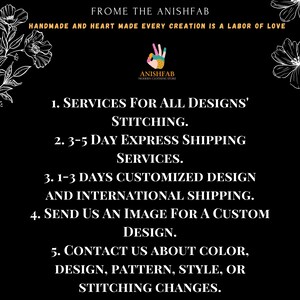 May include: Black background with white text listing services offered by ANISHFAB, a modern clothing store. Services include stitching, express shipping, customized design, and custom design requests. The logo features a colorful hand.