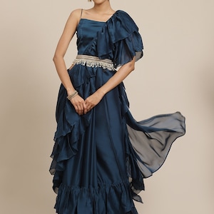Navy-blue Ruffle Lehenga Saree With Attached Frill Pallu With Belt Wear at Party, Weddings, Sangeet, Engagement, and you&#39;re looking gorgeous
