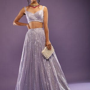 Designer Lavender Sequin Embroidered Skirt and Crop Top Set with Net Sequin Border Dupatta Ideal for Prom, Party, Weddings, and Formal Event