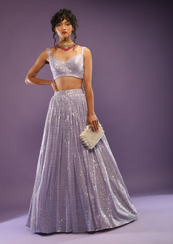 Designer Lavender Sequin Embroidered Skirt and Crop Top Set With Net Sequin  Border Dupatta Ideal for Prom, Party, Weddings, and Formal Event 