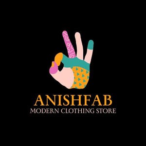 K&ouml;nnte beinhalten: Ein Logo auf schwarzem Hintergrund zeigt eine Hand, die das 'Okay'-Zeichen formt. Die Hand ist mehrfarbig mit orange, rosa, t&uuml;rkis und gelb-gr&uuml;n. Darunter steht in Gold der Text "ANISHFAB", darunter "MODERN CLOTHING STORE" in Wei&szlig;.