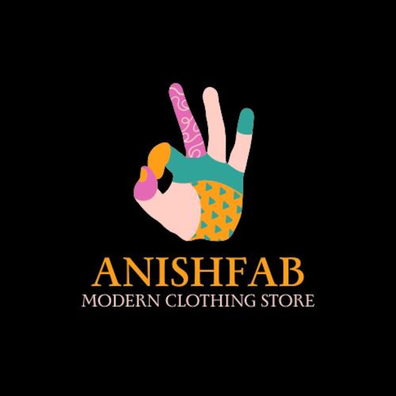 K&ouml;nnte beinhalten: Ein Logo auf schwarzem Hintergrund zeigt eine Hand, die das 'Okay'-Zeichen formt. Die Hand ist mehrfarbig mit orange, rosa, t&uuml;rkis und gelb-gr&uuml;n. Darunter steht in Gold der Text "ANISHFAB", darunter "MODERN CLOTHING STORE" in Wei&szlig;.