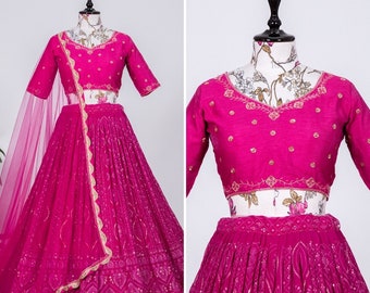 Rani Pink Color Lehenga Sequins and Thread Embroidery Work Specifically designed for women to wear at weddings and other special occasions