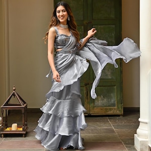 Grey Ruffle Saree with Sequence Blouse: Wedding Indo-Western Dress