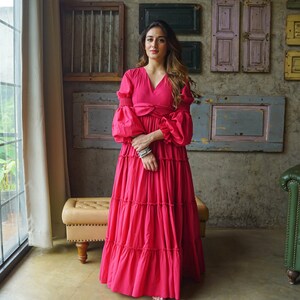 Designer cotton gown with a pink belt You dress specifically for parties, cocktail parties and wedding events, looking unique and attractive image 5