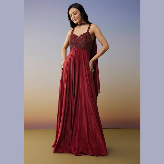 Designer Maroon Hand-embroidered Anarkali Gown for Women's Weddings, Engagements, and Party Wear