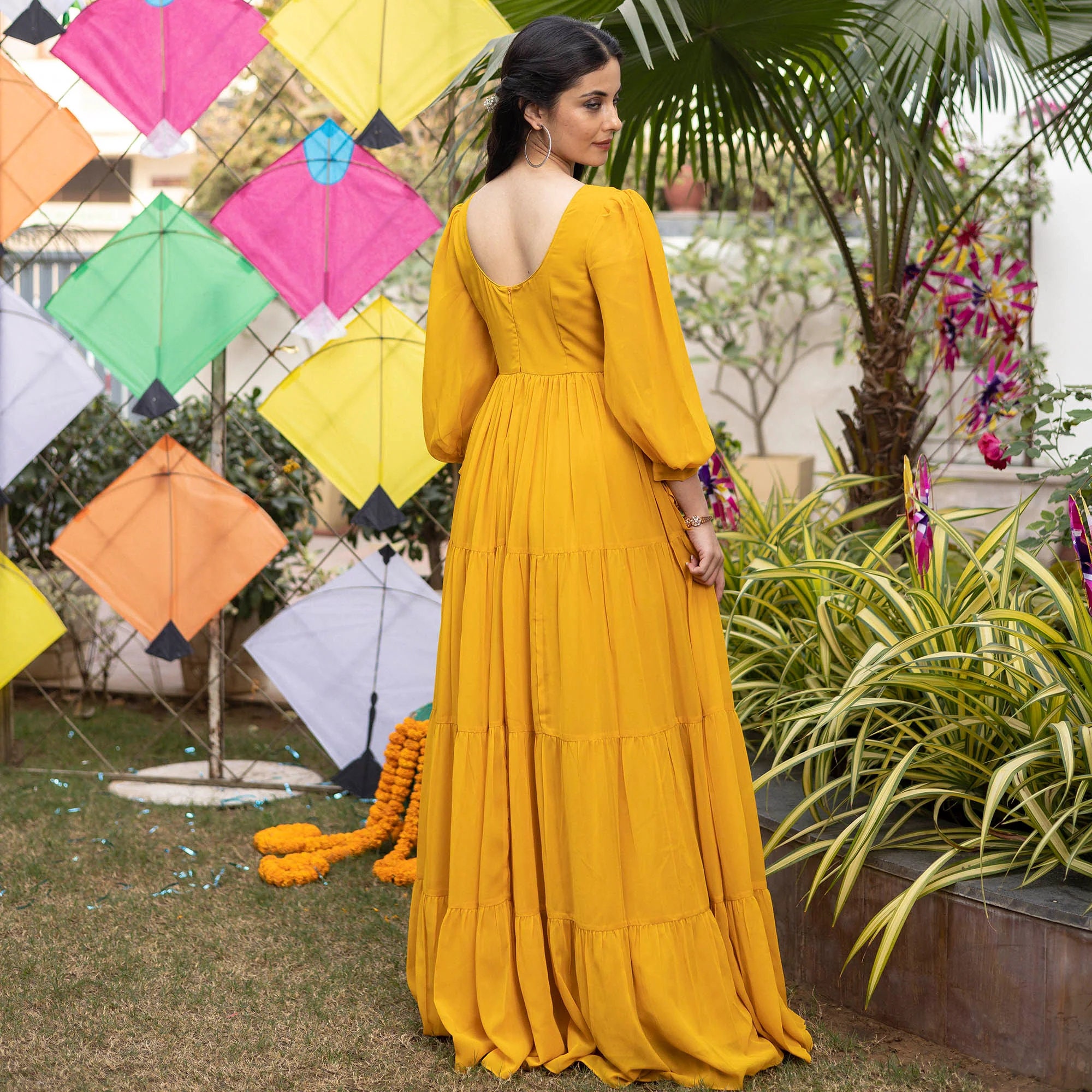 Mustard Yellow Georgette Angrakha Style Tiered Maxi Dress Mustard Yellow Georgette Angrakha Style Tiered Maxi Dress