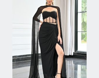 Elegant Black Draped Saree with Coord Set Blouse with Cape Designer Indo-Western Evening Dress.