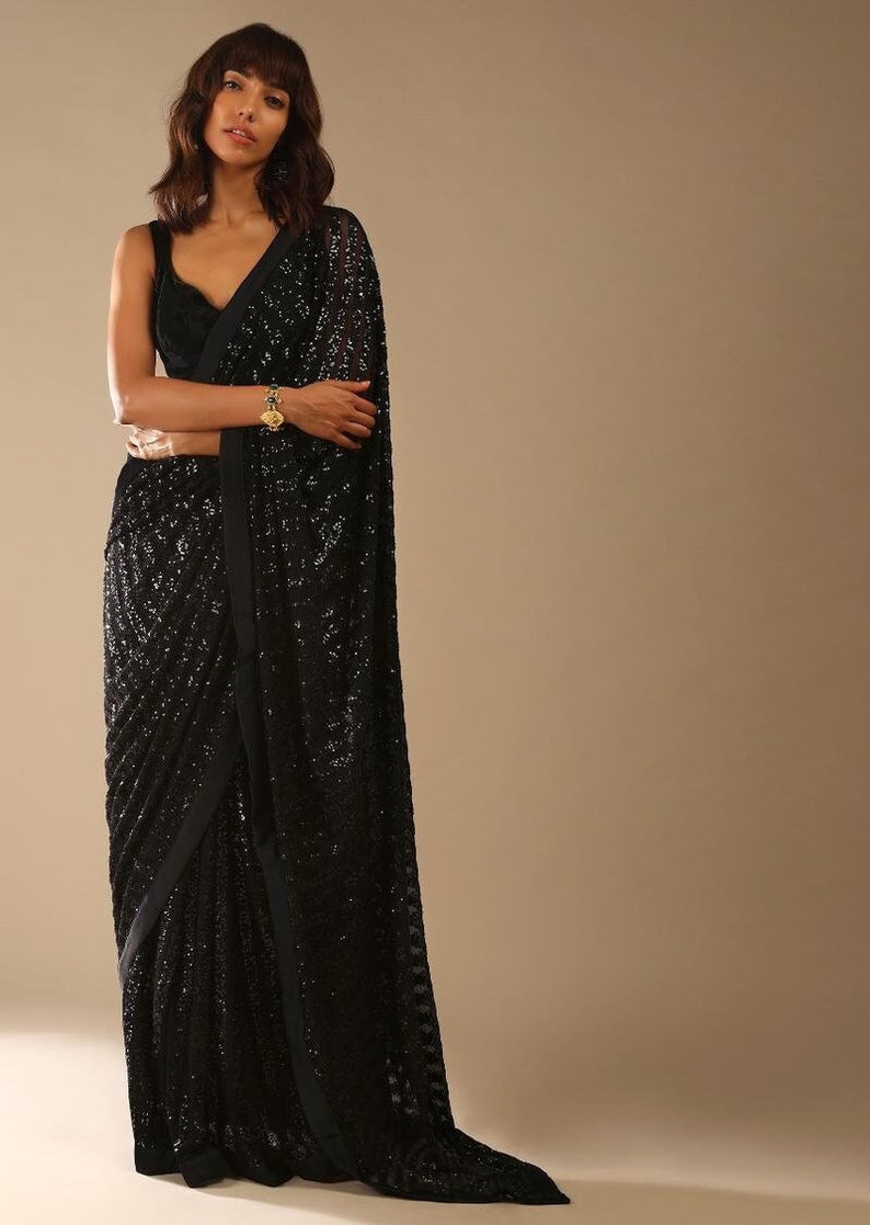 Black Pre-stitched Saree With Sequins And Sleeveless Velvet Blouse With A Front Cut Out Wear On Wedding, Engagement, Party, and Sangeet. image 1