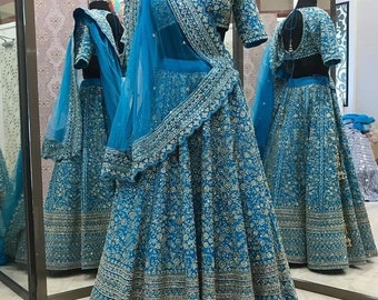 Designer Blue Heavy Malai Satin Thread-Dori-Sequence Embroidery Work Lehenga choli with Butterfly Net with Lace Border is a luxurious outfit
