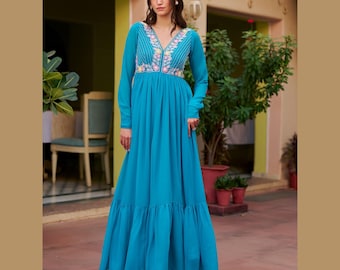 Designer Coral Blue Floral Hand Embroidered Anarkali Gown for Bridesmaid Women's Festive & Party Wear.