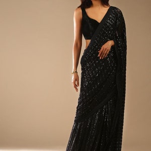 Black Pre-stitched Saree With Sequins And Sleeveless Velvet Blouse With A Front Cut Out Wear On Wedding, Engagement, Party, and Sangeet. image 6