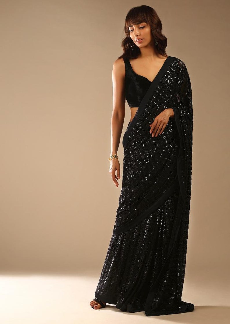 Black Pre-stitched Saree With Sequins And Sleeveless Velvet Blouse With A Front Cut Out Wear On Wedding, Engagement, Party, and Sangeet. image 6