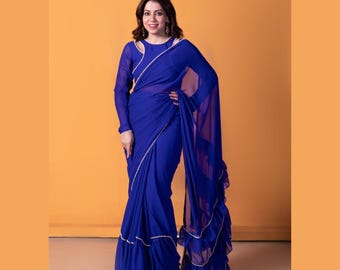 Blue Pre-Draped Frill Saree with Pearl Lace Blouse