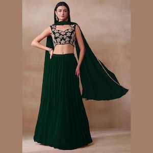 Green Georgette Lehenga Set: Pearl Embellished Indian Wedding Dress