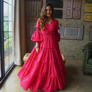 Designer cotton gown with a pink belt You dress specifically for parties, cocktail parties and wedding events, looking unique and attractive image 4