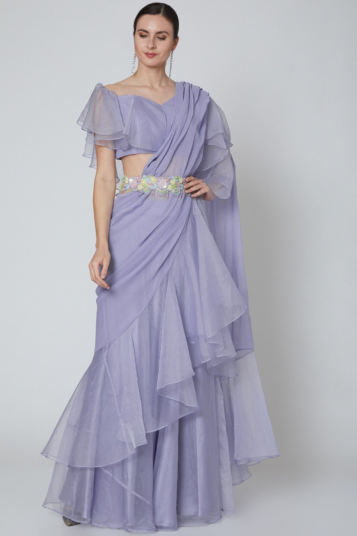 Metal Fringe Saree - Red-Purple