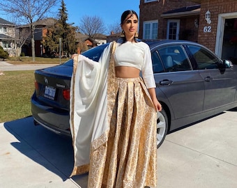 Specifically created wedding Indo-western attire for ladies in designer Banarasi lehenga with Phantom silk blouse and Net, Georgette dupatta