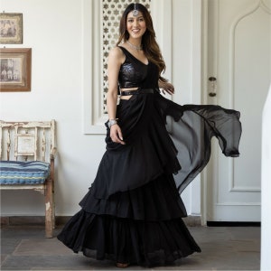 Black Ruffle Saree: Sequined Blouse, Indo Western Cocktail Outfit
