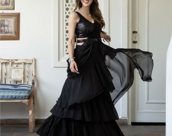 Designer Specially design wedding Indo western outfits for women ready to wear Black ruffle saree for wedding reception cocktail attire