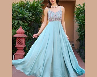 Designer Pastel Blue Hand-Embroidered Anarkali Gown for Women's Weddings, Engagements, and Party Wear.