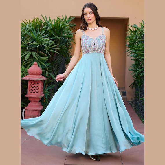 pale blue designer dress Pastel Hand-embroidered Anarkali Gown, Bridesmaid Ethnic Outfit, Festive Wear, Engagement Party status_US  Watch AW26 Ramy Brook Leon Beaded Size:46 Short Jacket Tie Belt