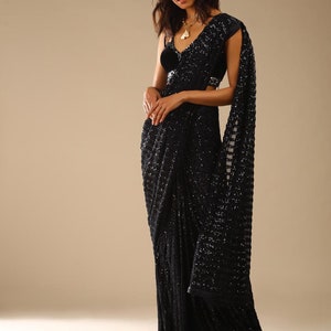 Black Pre-stitched Saree With Sequins And Sleeveless Velvet Blouse With A Front Cut Out Wear On Wedding, Engagement, Party, and Sangeet. image 7