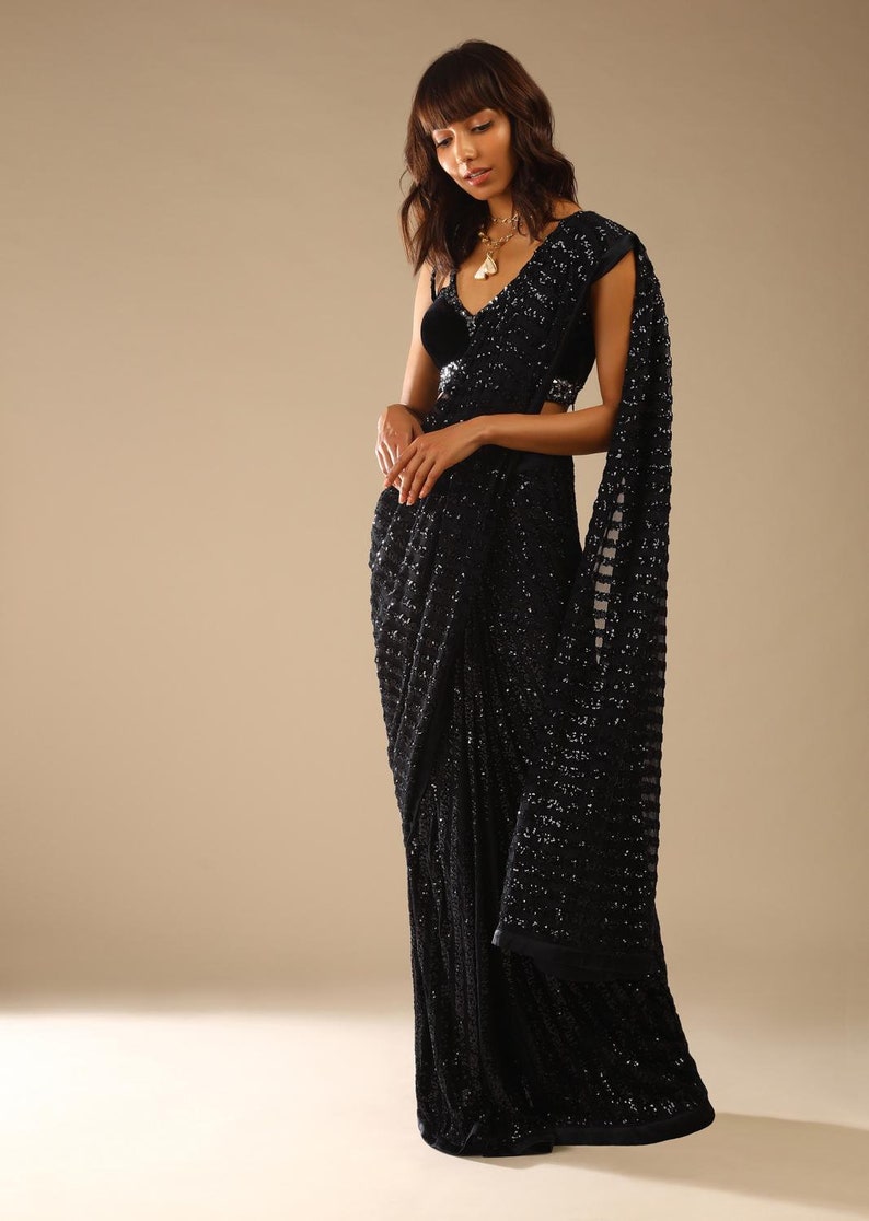 Black Pre-stitched Saree With Sequins And Sleeveless Velvet Blouse With A Front Cut Out Wear On Wedding, Engagement, Party, and Sangeet. image 7