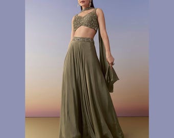 Modern Olive Green Lehenga Choli Set – Hand-Embroidered Designer Indian Ethnic Wear for Weddings.