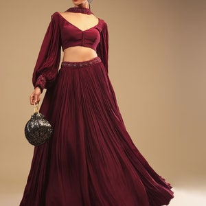 Maroon Lehenga with Bishop-Sleeve Crop Top: Wedding & Engagement Outfit