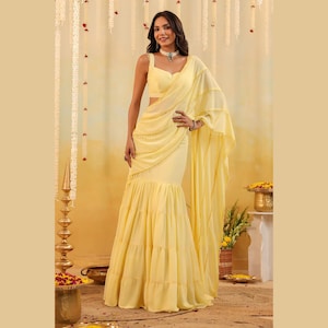 Yellow Georgette Embellished Saree with Blouse: Haldi, Wedding Wear