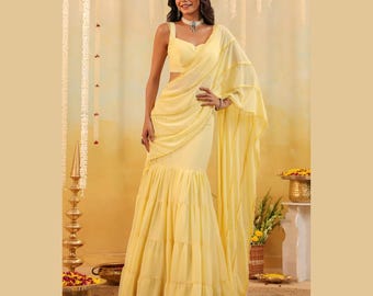 Yellow Georgette Embellished Saree with Blouse: Haldi, Wedding Wear