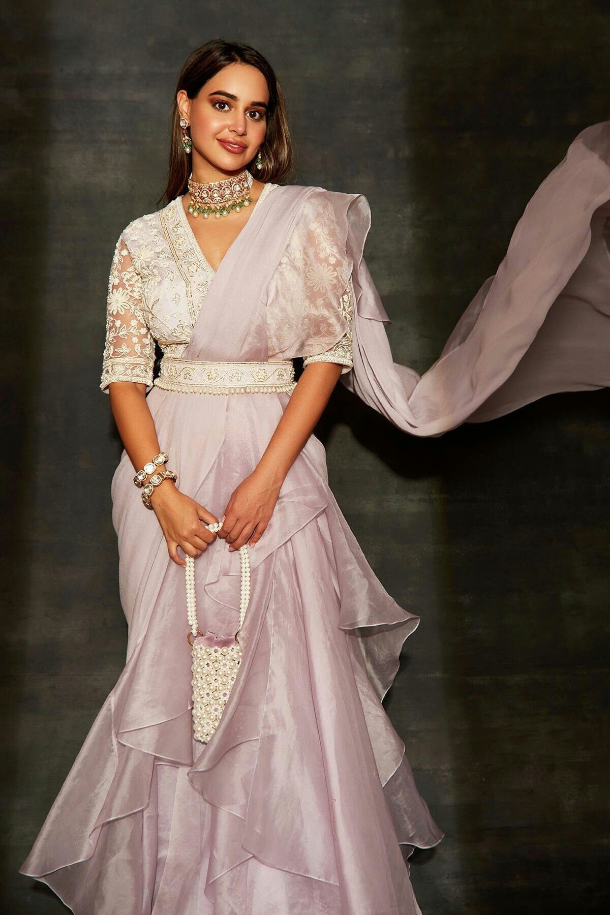 Handwork Net Blouse with Organza Pre-Draped Saree & Belt