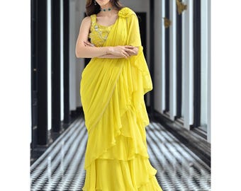Yellow Georgette Ruffle Saree with Handwork Blouse & Pearl Laces