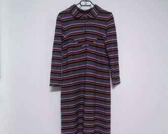 60s Vintage Retro Striped Multicolor Collared Long Sleeve Women Midi Dress