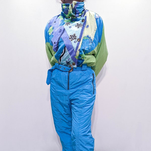 vintage Rétro années 80 Quatre-vingt-dix-huit Floral Pastel Funky Crazy Colorblock One Piece Wintersport Snowboard Ski Suit Femmes Taille M