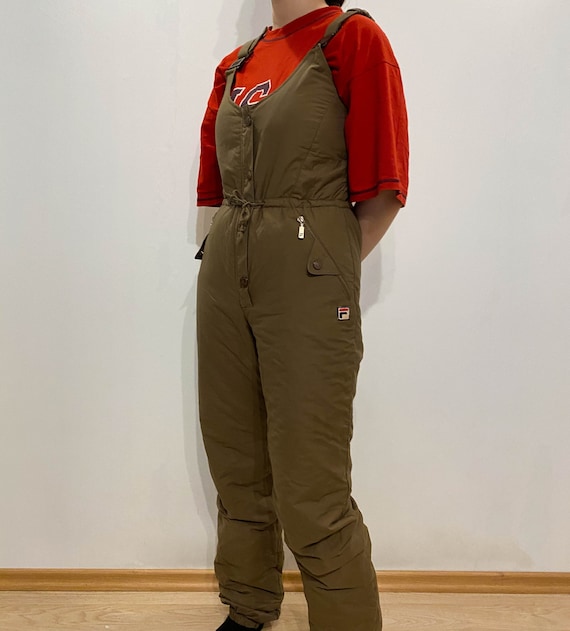 FILA Vintage Retro 80s Brown One Piece Suspender Skiing Winter Sport Zipper  Pants Dungarees Women Size S/M 