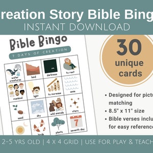 Creation Bingo expanded set, Bible bingo for toddlers, Genesis Sunday School printable, Bible game for kids, preschool activities