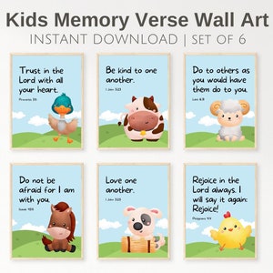 Set of 6 bible verse wall art, short memory verses for kids, Sunday school decor, Christian playroom poster, farm animal nursery decor